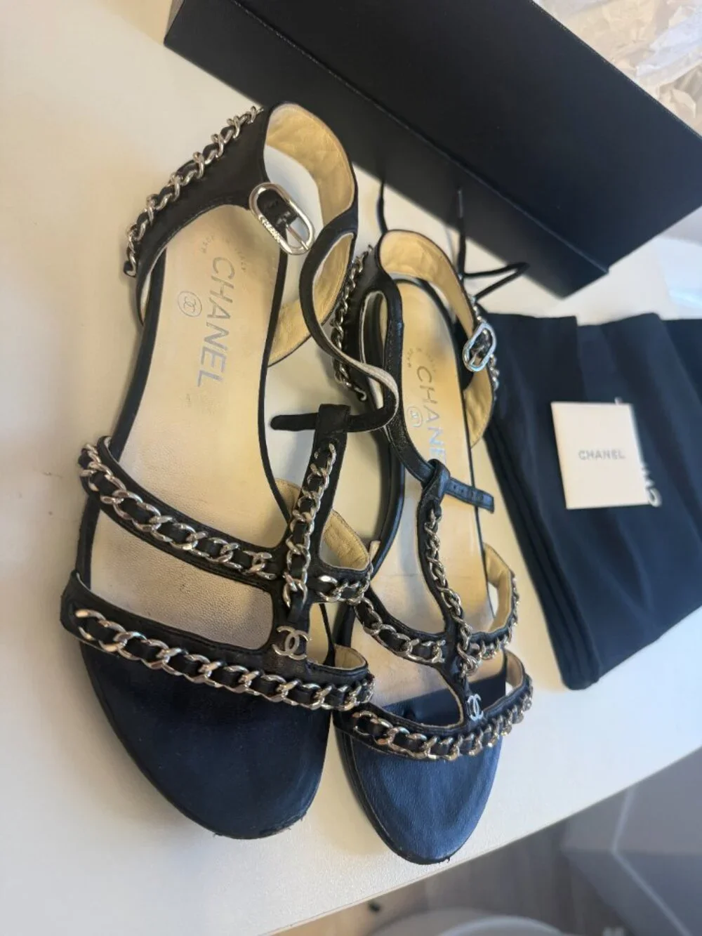 Chanel Black Leather Chain CC Logo Flat Sandal Size 37 Box Dust Bag Italy